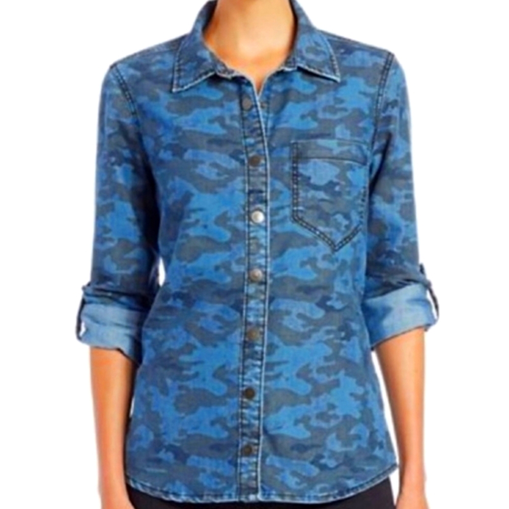 BlankNYC Blue Camouflage Denim Button Up Shirt Size XS